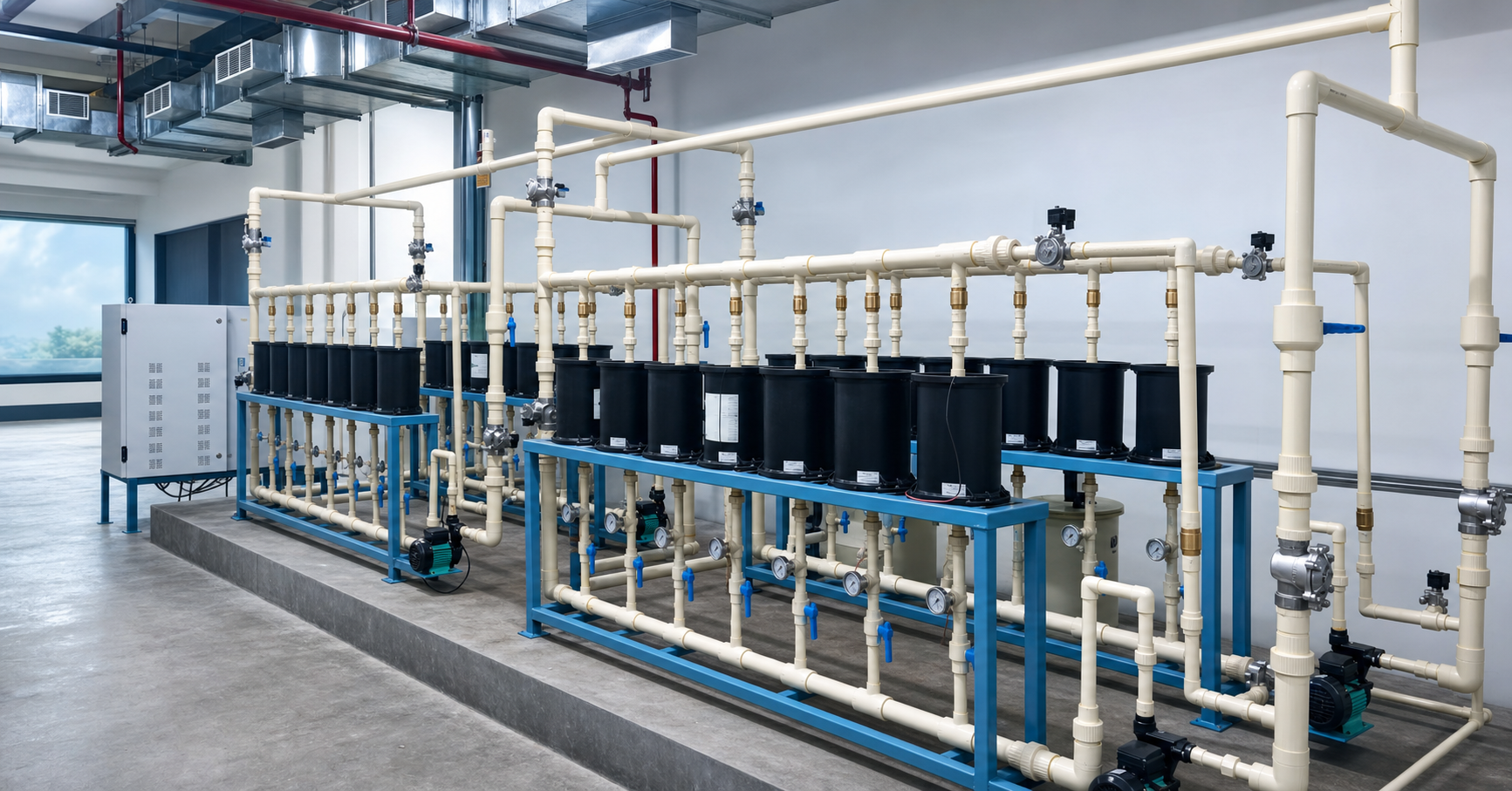Logicwater industrial water-treatment installation with modular treatment vessels and connected piping